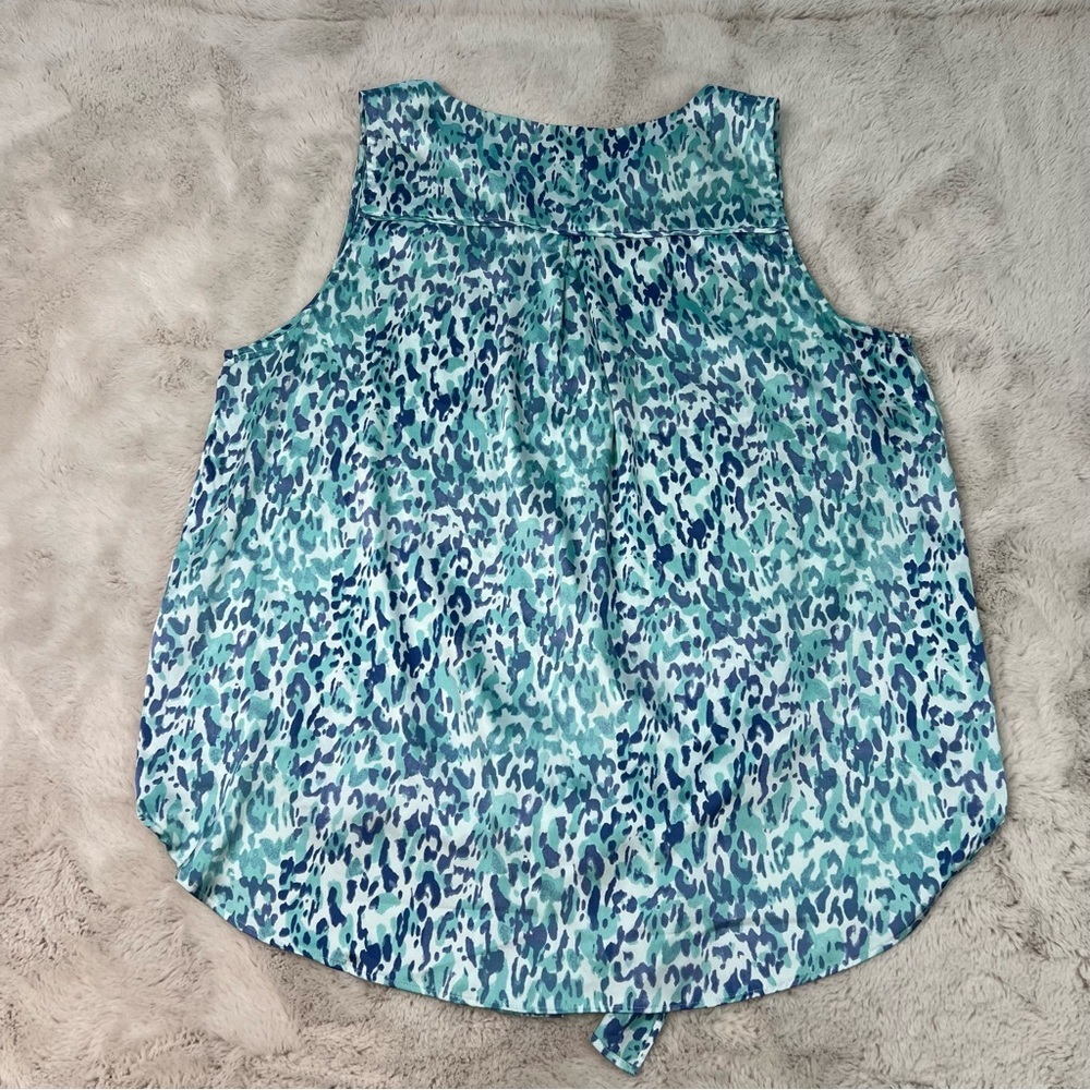 Chicos Coastal Animal Print Satin Top Blouse Plus Size 3 Skylight Blue Front Tie - Picture 9 of 9
